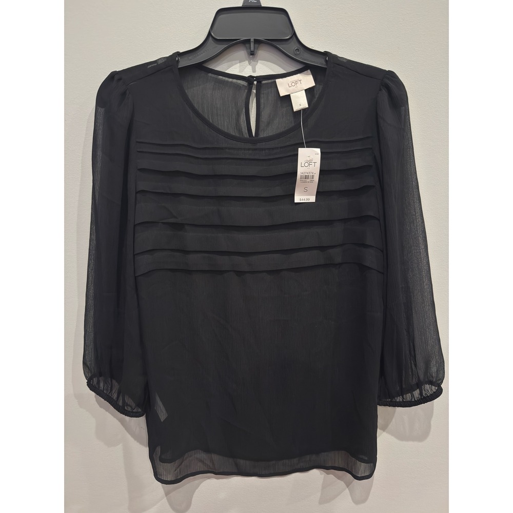 Ann Taylor Loft Womens Black Pleated Front Sheer Blouse Puff Sleeve NWT Small